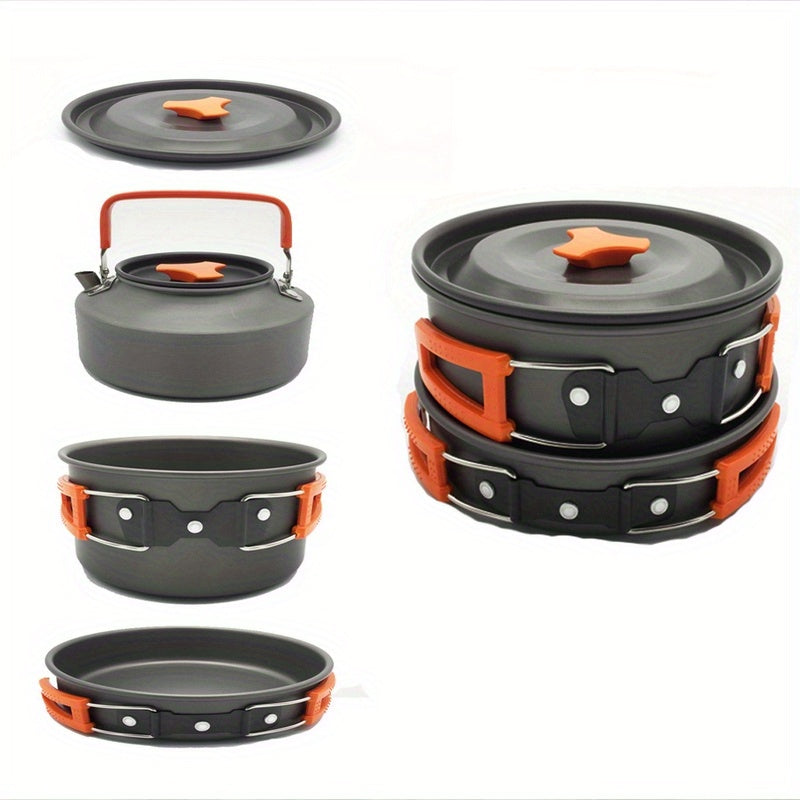 Compact Camping Cookware Set - Durable Non-Stick Aluminum Pots, Pans & Kettle for 2-3 People Enjoying Outdoor Adventures