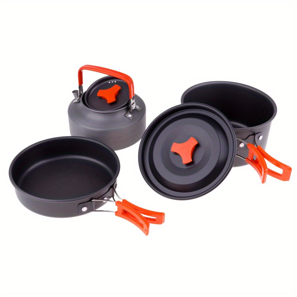 Compact Camping Cookware Set - Durable Non-Stick Aluminum Pots, Pans & Kettle for 2-3 People Enjoying Outdoor Adventures