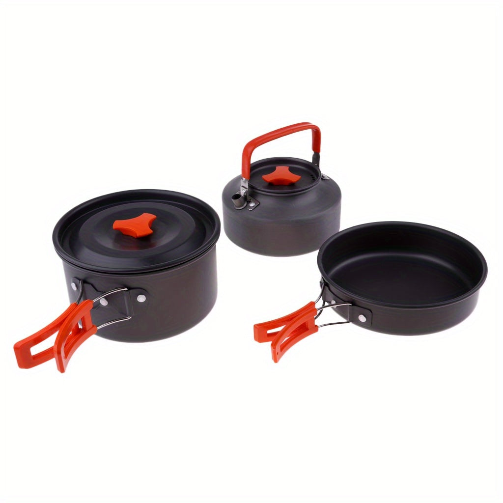 Compact Camping Cookware Set - Durable Non-Stick Aluminum Pots, Pans & Kettle for 2-3 People Enjoying Outdoor Adventures