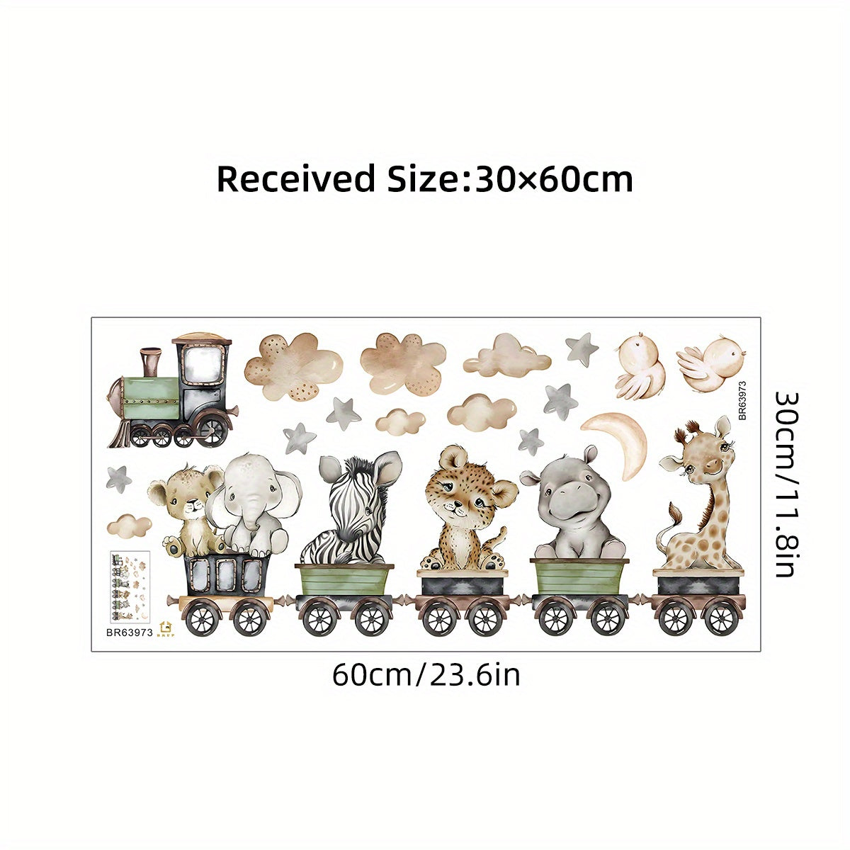 BRUP Contemporary Animal Train Wall Decals set includes removable PVC stickers featuring elephant, leopard, giraffe, and clouds. Self-adhesive irregular shapes for bedroom and living room decor, adding a cartoon cute touch to your home.