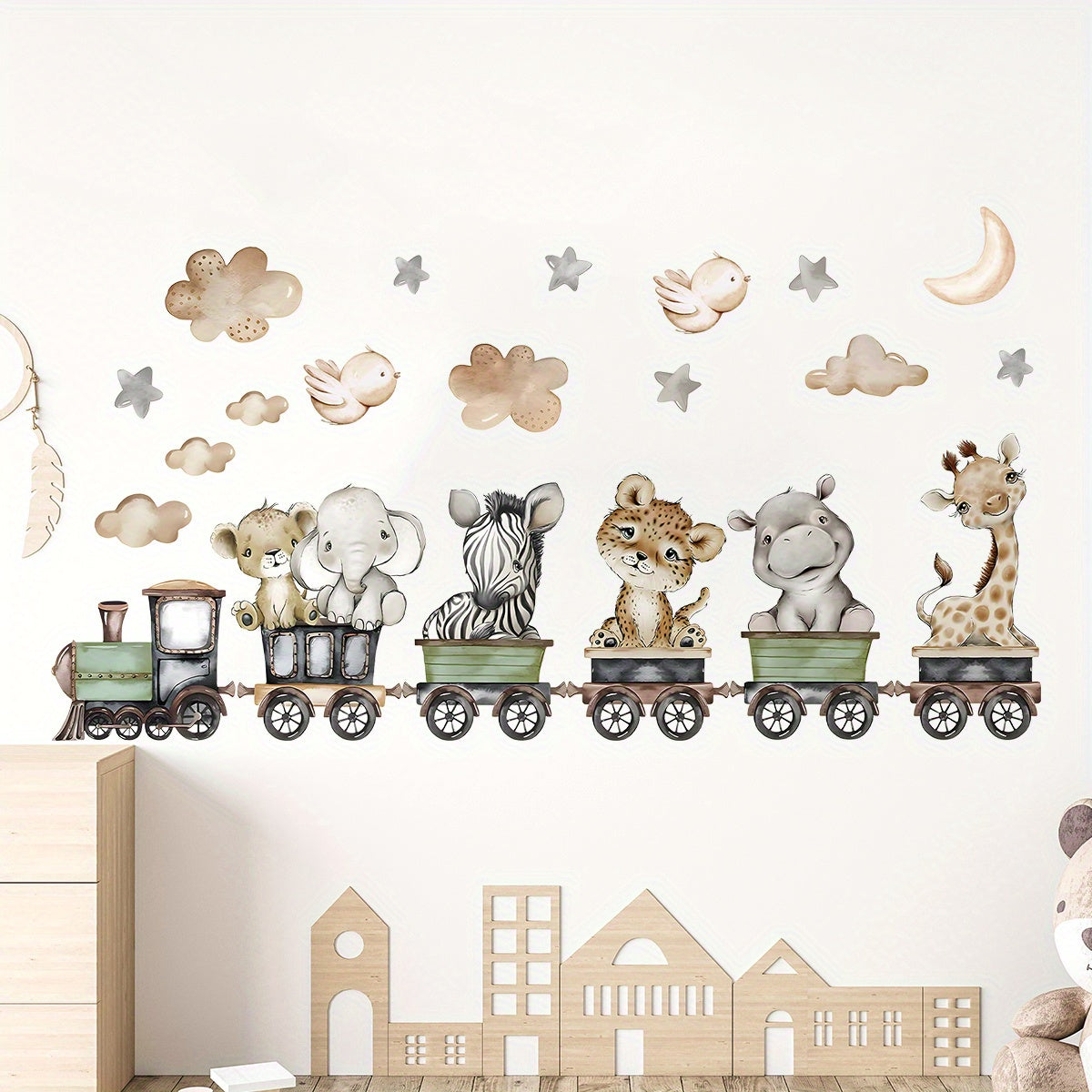 BRUP Contemporary Animal Train Wall Decals set includes removable PVC stickers featuring elephant, leopard, giraffe, and clouds. Self-adhesive irregular shapes for bedroom and living room decor, adding a cartoon cute touch to your home.