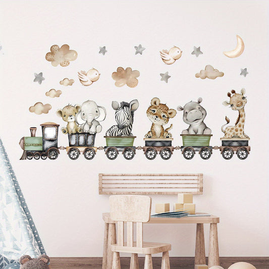 BRUP Contemporary Animal Train Wall Decals set includes removable PVC stickers featuring elephant, leopard, giraffe, and clouds. Self-adhesive irregular shapes for bedroom and living room decor, adding a cartoon cute touch to your home.