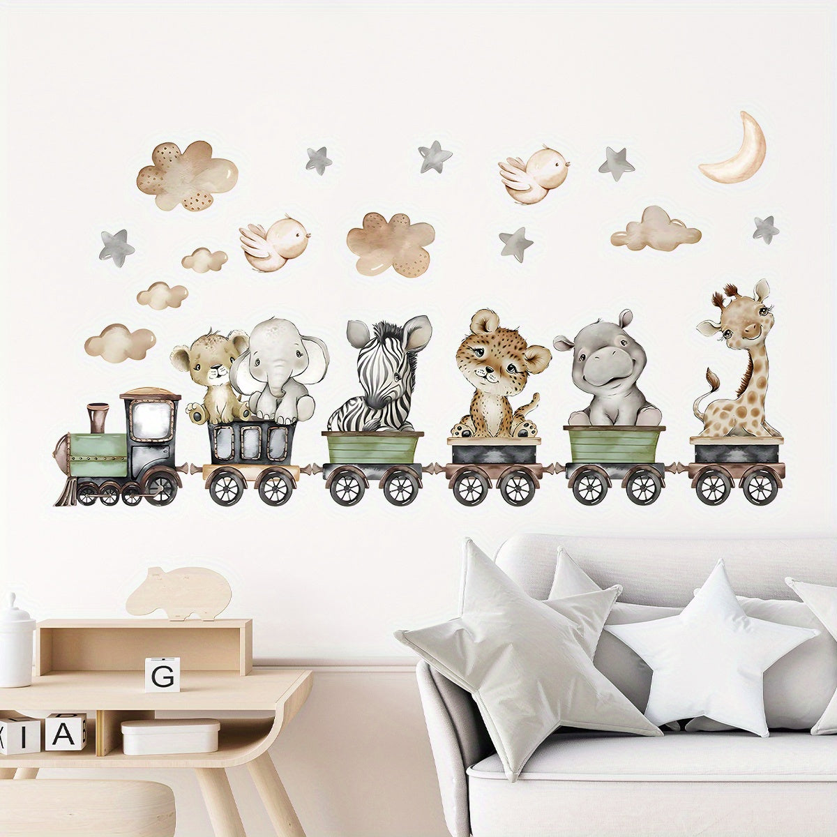 BRUP Contemporary Animal Train Wall Decals set includes removable PVC stickers featuring elephant, leopard, giraffe, and clouds. Self-adhesive irregular shapes for bedroom and living room decor, adding a cartoon cute touch to your home.