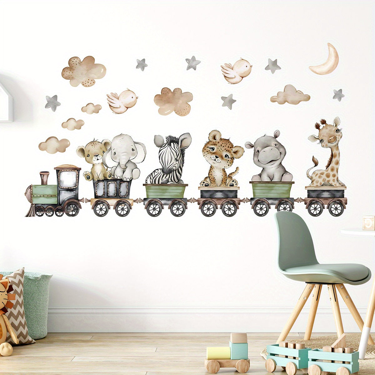 BRUP Contemporary Animal Train Wall Decals set includes removable PVC stickers featuring elephant, leopard, giraffe, and clouds. Self-adhesive irregular shapes for bedroom and living room decor, adding a cartoon cute touch to your home.