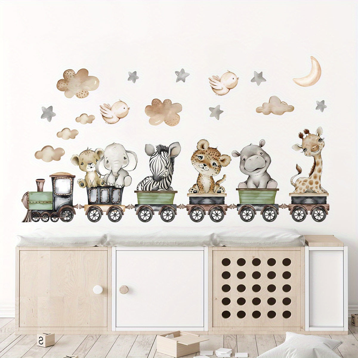 BRUP Contemporary Animal Train Wall Decals set includes removable PVC stickers featuring elephant, leopard, giraffe, and clouds. Self-adhesive irregular shapes for bedroom and living room decor, adding a cartoon cute touch to your home.