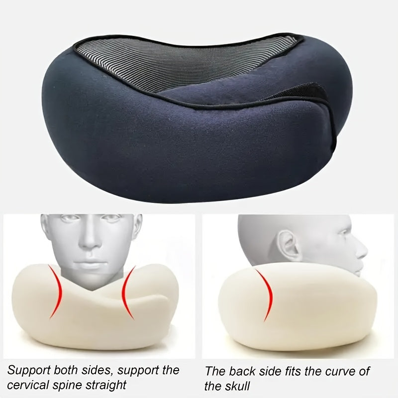 Travel comfortably with the 1pc Ergonomic U-Shaped Memory Foam Travel Pillow. This durable neck support features soft slow rebound for ultimate comfort. The non-deforming airplane cushion comes with a knitted polyester cover that is spot-cleanable. Also