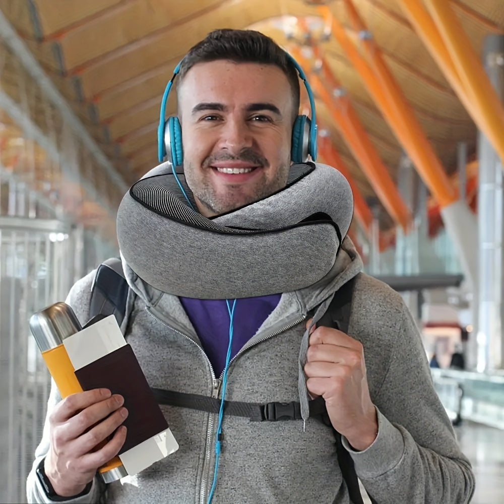 Travel comfortably with the 1pc Ergonomic U-Shaped Memory Foam Travel Pillow. This durable neck support features soft slow rebound for ultimate comfort. The non-deforming airplane cushion comes with a knitted polyester cover that is spot-cleanable. Also