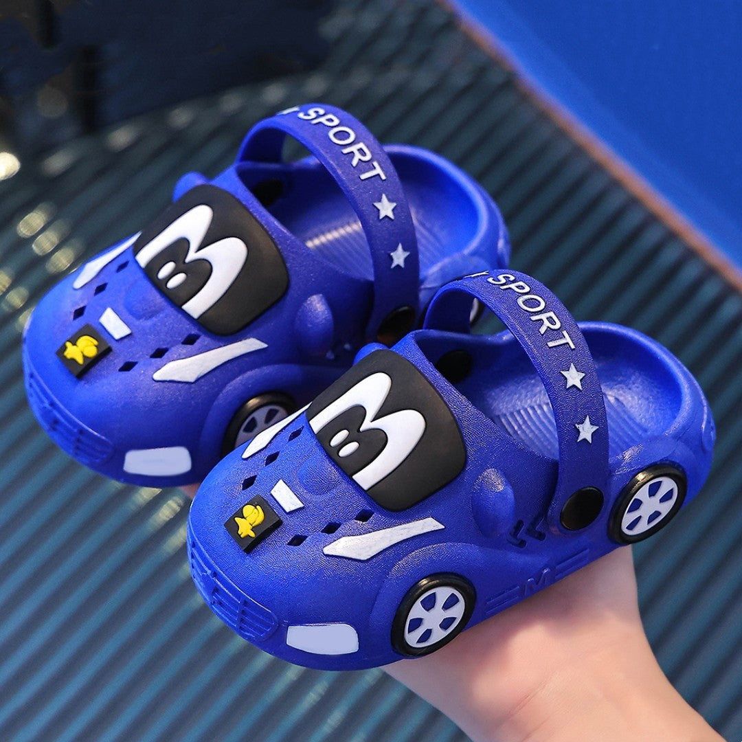 Kids Cartoon Car Slippers: Soft PVC indoor/outdoor clogs for boys and girls ages 14 and under. Slip-on water shoes for infants and toddlers.