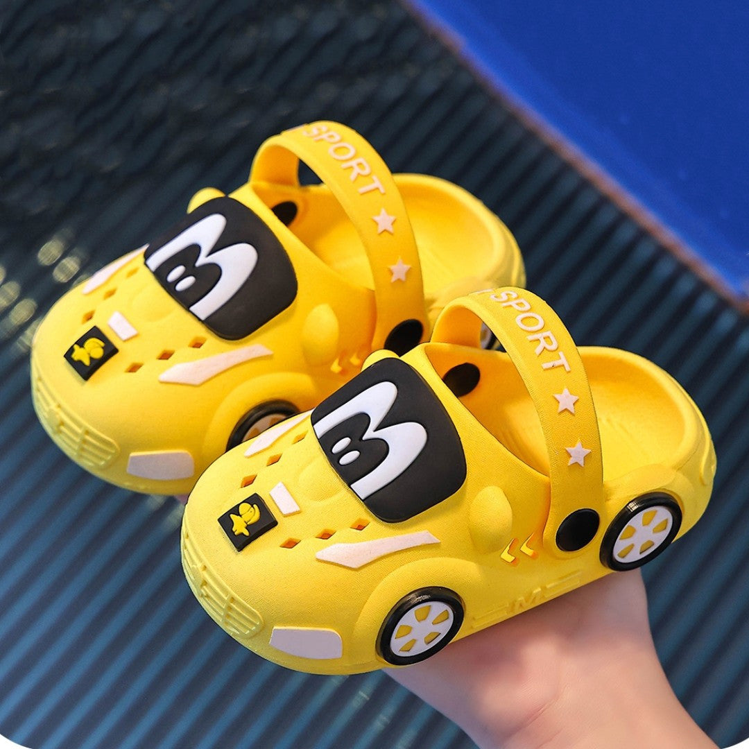 Kids Cartoon Car Slippers: Soft PVC indoor/outdoor clogs for boys and girls ages 14 and under. Slip-on water shoes for infants and toddlers.