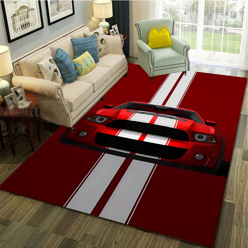 Velvet Doormat featuring a Red Racing Car Design - Non-Slip, Easy to Clean Floor Rug for Living Room, Bedroom, or Office - Offered in 3 Different Sizes.