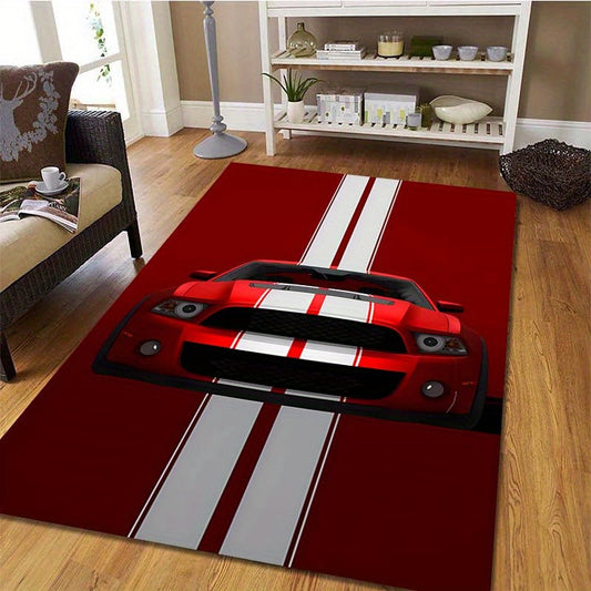 Velvet Doormat featuring a Red Racing Car Design - Non-Slip, Easy to Clean Floor Rug for Living Room, Bedroom, or Office - Offered in 3 Different Sizes.