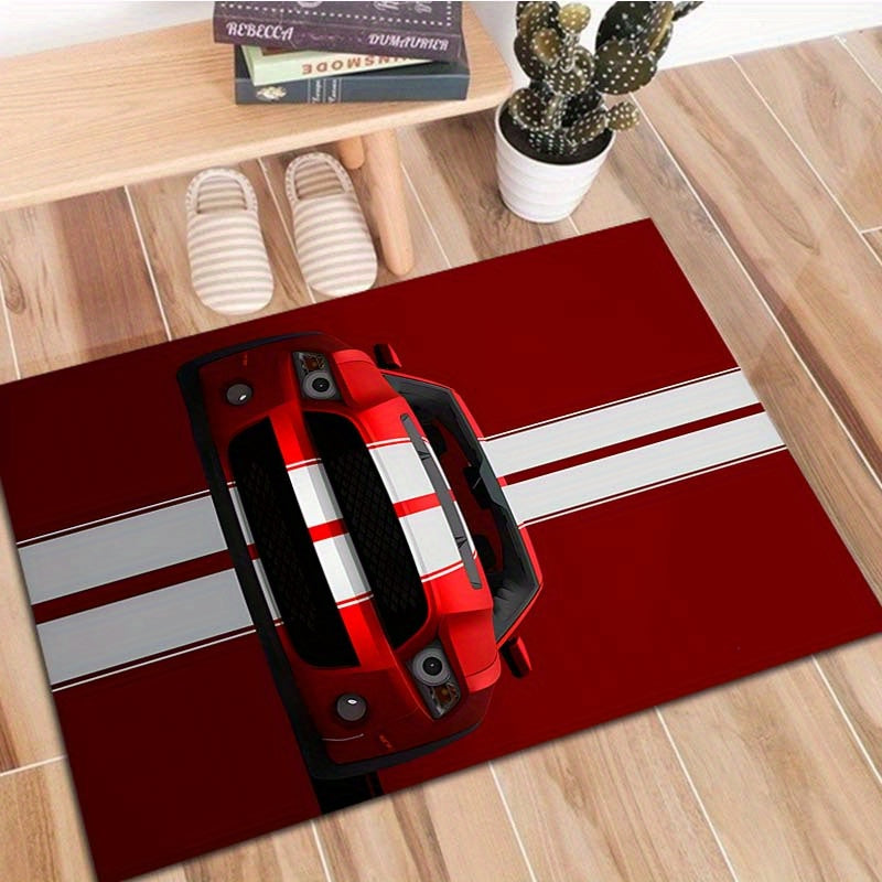 Velvet Doormat featuring a Red Racing Car Design - Non-Slip, Easy to Clean Floor Rug for Living Room, Bedroom, or Office - Offered in 3 Different Sizes.