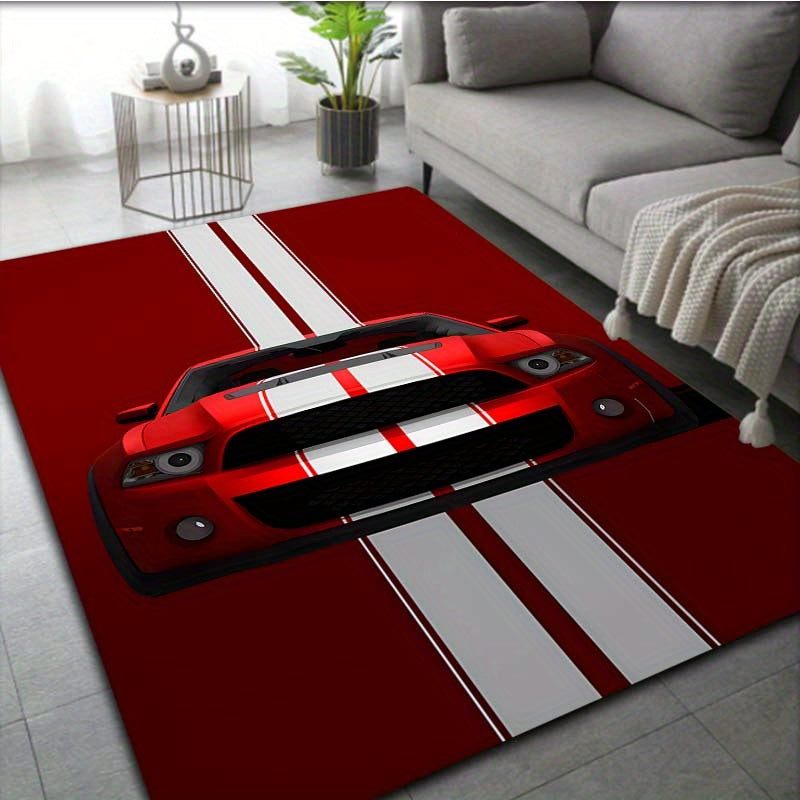 Velvet Doormat featuring a Red Racing Car Design - Non-Slip, Easy to Clean Floor Rug for Living Room, Bedroom, or Office - Offered in 3 Different Sizes.