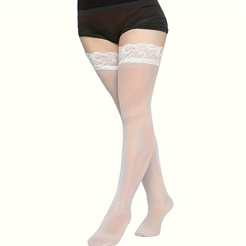 Women's thigh high stockings with lace trim and slim fit mesh knee socks.