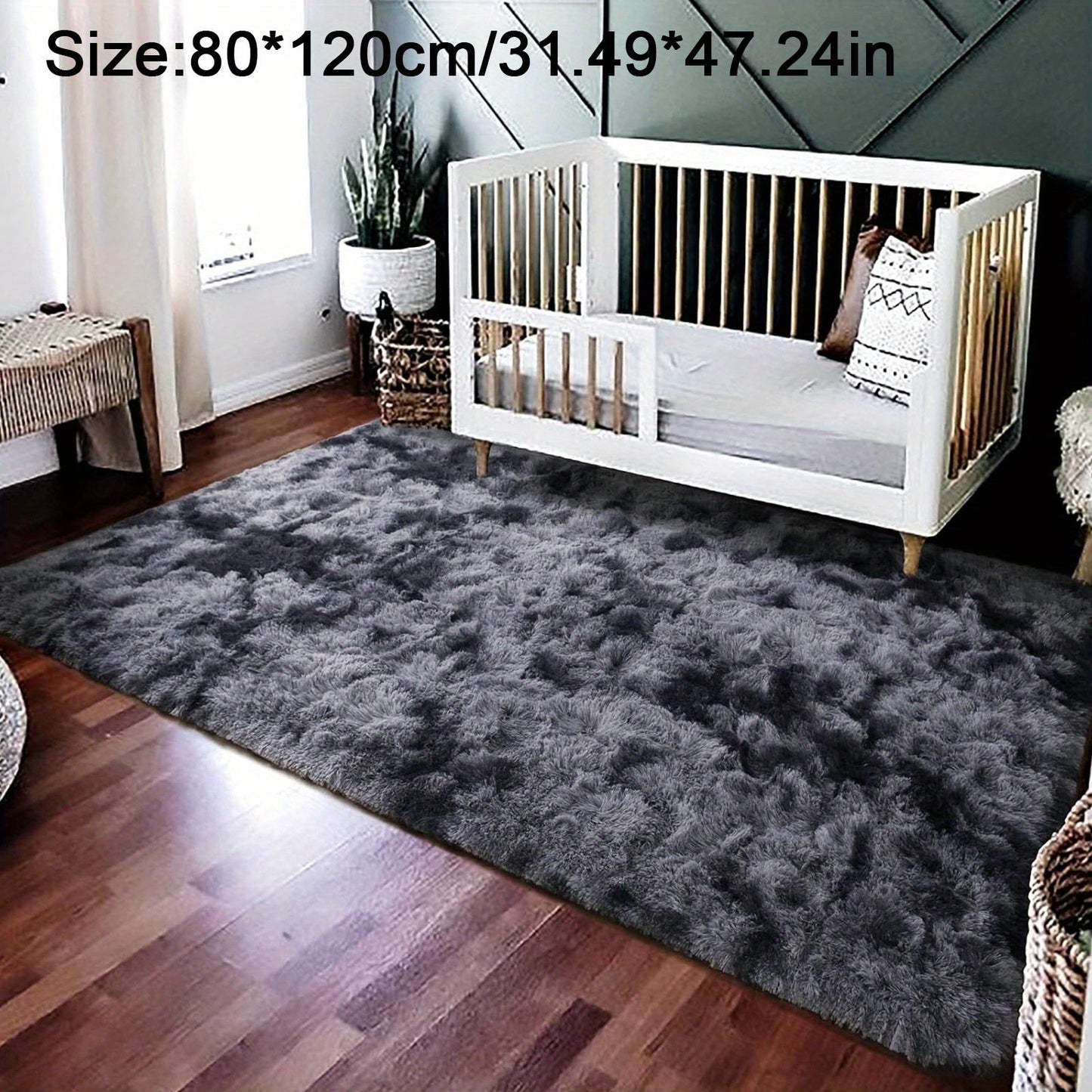 Luxurious non-slip dark gray carpet with a cute and soft fluffy shag design, perfect for living rooms and bedrooms. Machine washable and ideal for adding a touch of luxury to home decor.