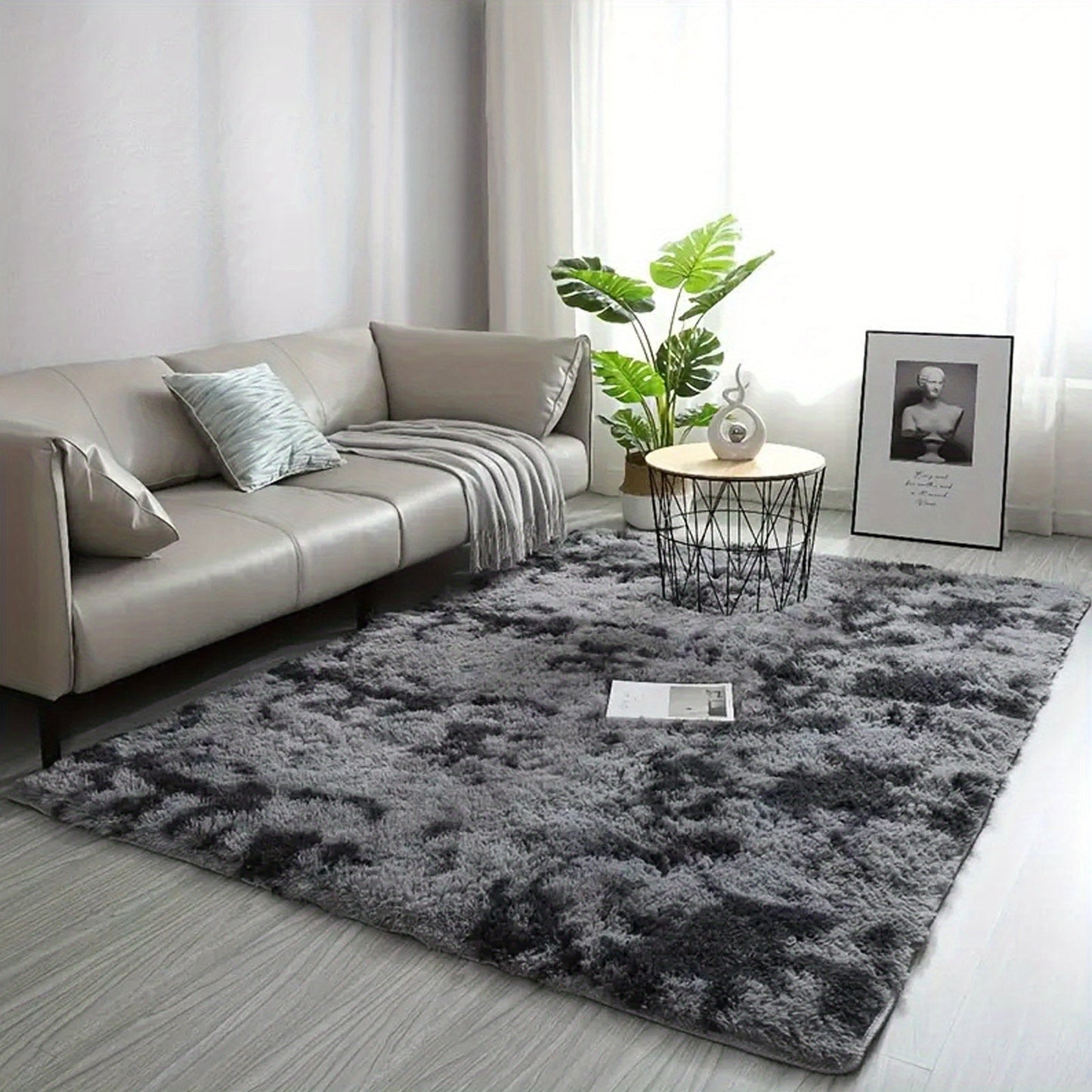 Soft and fluffy gray gradient tie-dye printed carpet rug to enhance the décor of your living room, study, bedside, or bedroom.