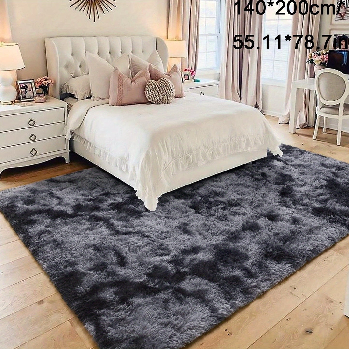 Luxurious non-slip dark gray carpet with a cute and soft fluffy shag design, perfect for living rooms and bedrooms. Machine washable and ideal for adding a touch of luxury to home decor.