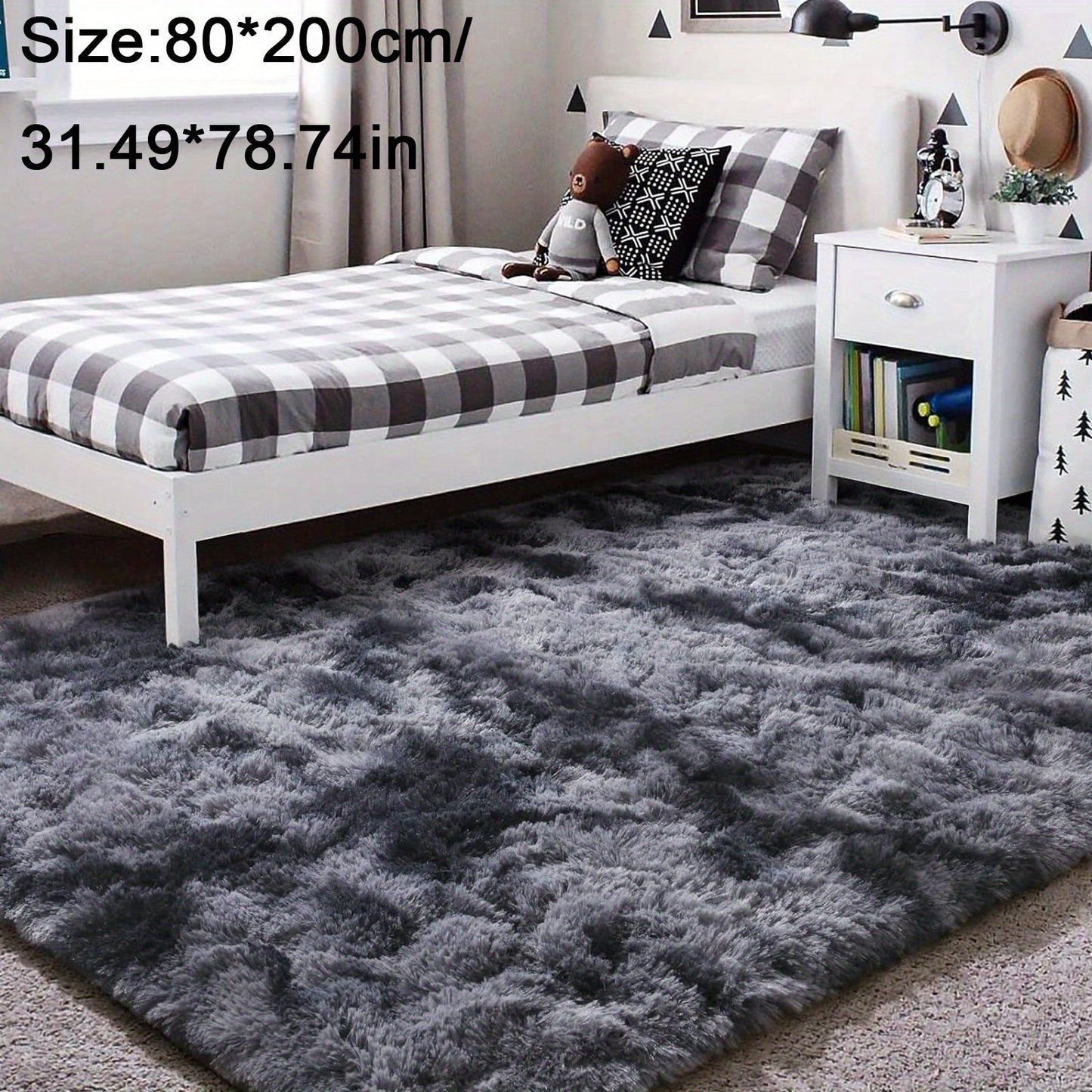 Luxurious non-slip dark gray carpet with a cute and soft fluffy shag design, perfect for living rooms and bedrooms. Machine washable and ideal for adding a touch of luxury to home decor.