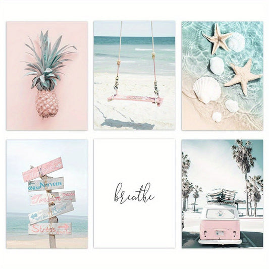 Set of six summer beach wall pictures featuring a pink car, pineapple prints, sea scenery, starfish wall art, and other Nordic-inspired posters for living room decor. Frames not included.