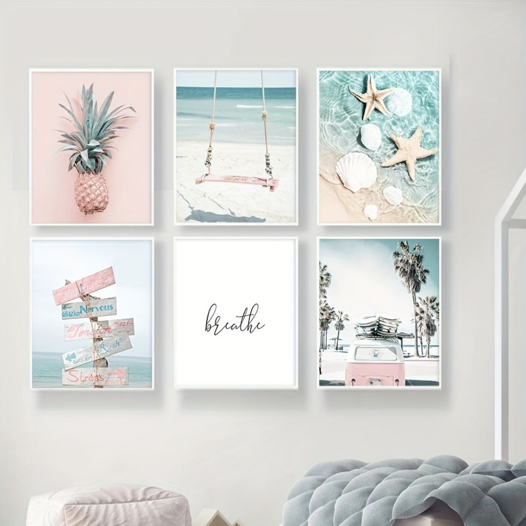 Set of six summer beach wall pictures featuring a pink car, pineapple prints, sea scenery, starfish wall art, and other Nordic-inspired posters for living room decor. Frames not included.