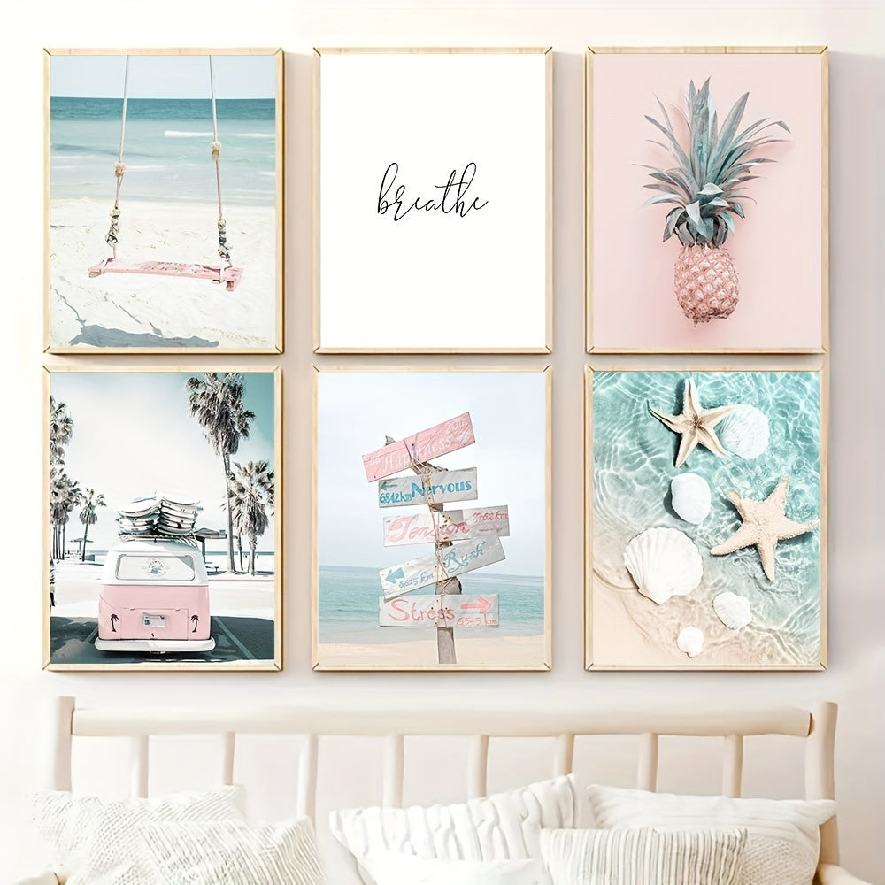 Set of six summer beach wall pictures featuring a pink car, pineapple prints, sea scenery, starfish wall art, and other Nordic-inspired posters for living room decor. Frames not included.