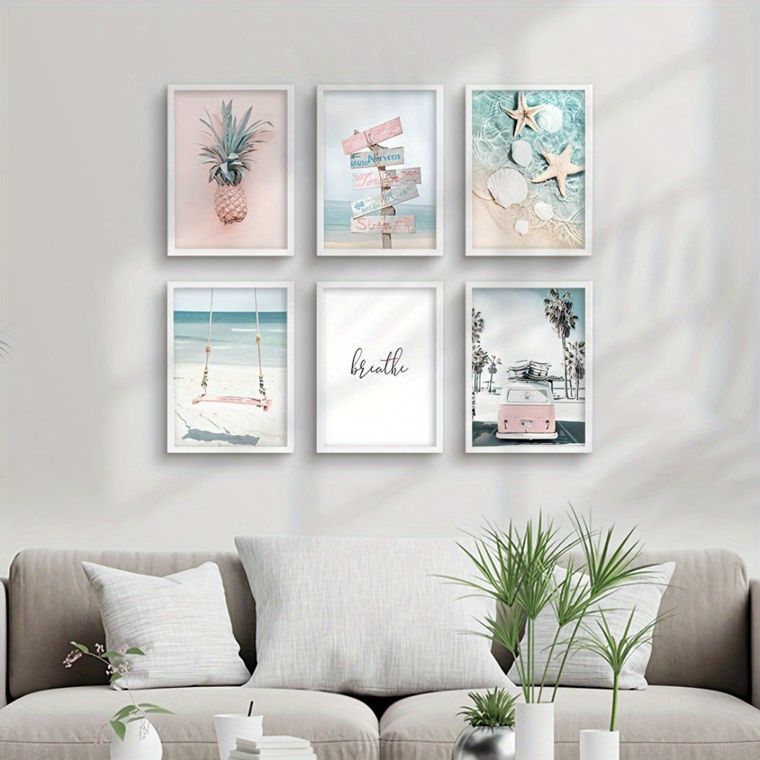 Set of six summer beach wall pictures featuring a pink car, pineapple prints, sea scenery, starfish wall art, and other Nordic-inspired posters for living room decor. Frames not included.