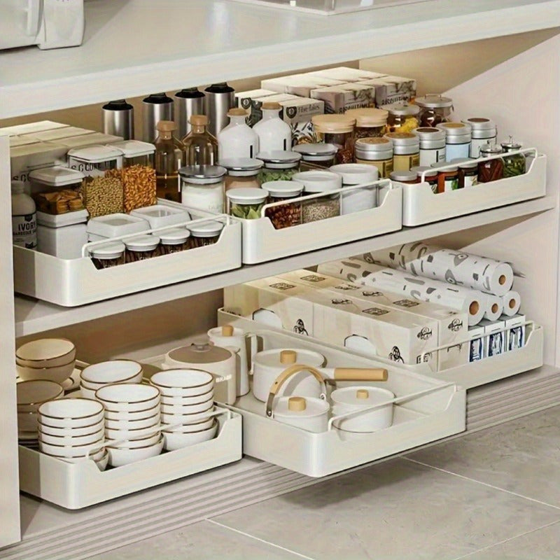 ZHOHO TANT Pull-Out Kitchen Organizer - Sleek White Carbon Steel, Ideal for Spices and Utensils, Under Sink Storage Solution with Sliding Drawer for Efficient Space Saving, Durable and Stylish Utensil Pullout Organizer