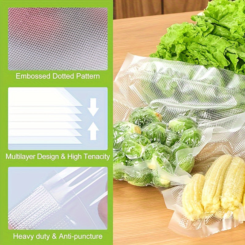 100 pieces of transparent vacuum sealer bags for food packaging. These disposable bags are perfect for preserving fruits, vegetables, meat, and grains. Great for kitchen organization and storage, these bags are essential kitchen accessories.