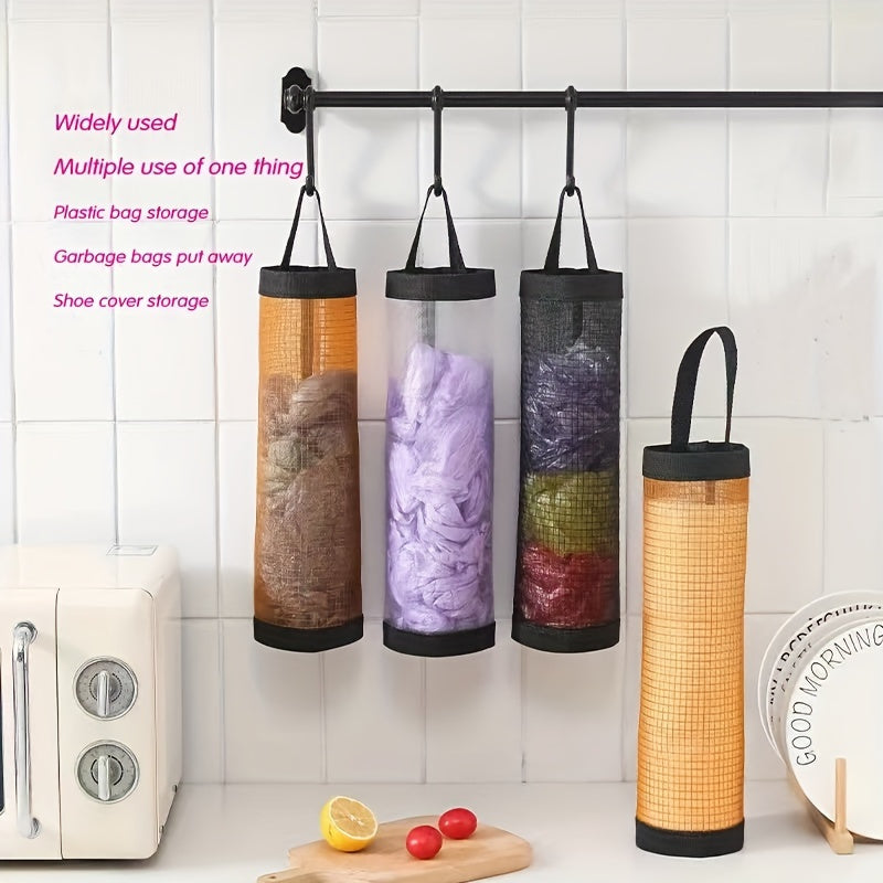 Mesh plastic bag organizer that saves space - breathable, washable, and foldable kitchen storage solution.