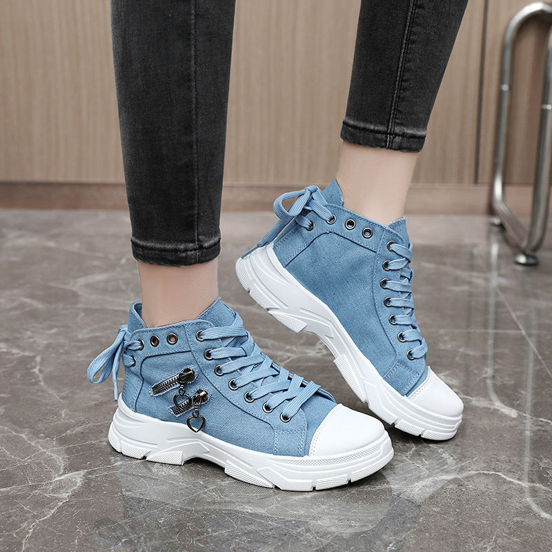 Women's canvas platform sneakers with zip detail, lace-up high top design, and casual all-match style, available in plus sizes.