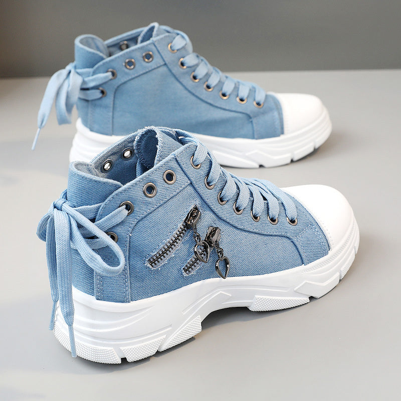 Women's canvas platform sneakers with zip detail, lace-up high top design, and casual all-match style, available in plus sizes.