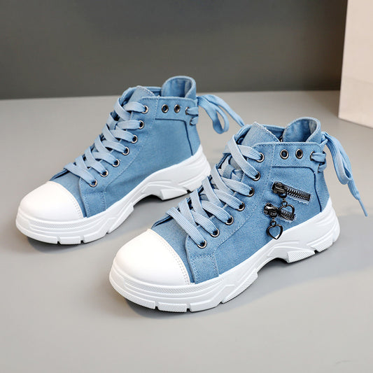 Women's canvas platform sneakers with zip detail, lace-up high top design, and casual all-match style, available in plus sizes.