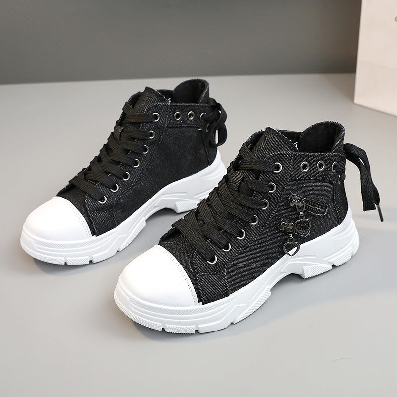 Women's canvas platform sneakers with zip detail, lace-up high top design, and casual all-match style, available in plus sizes.