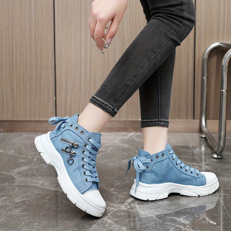 Women's canvas platform sneakers with zip detail, lace-up high top design, and casual all-match style, available in plus sizes.