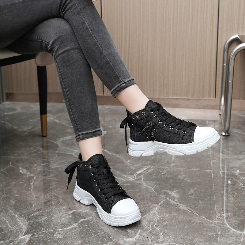 Women's canvas platform sneakers with zip detail, lace-up high top design, and casual all-match style, available in plus sizes.