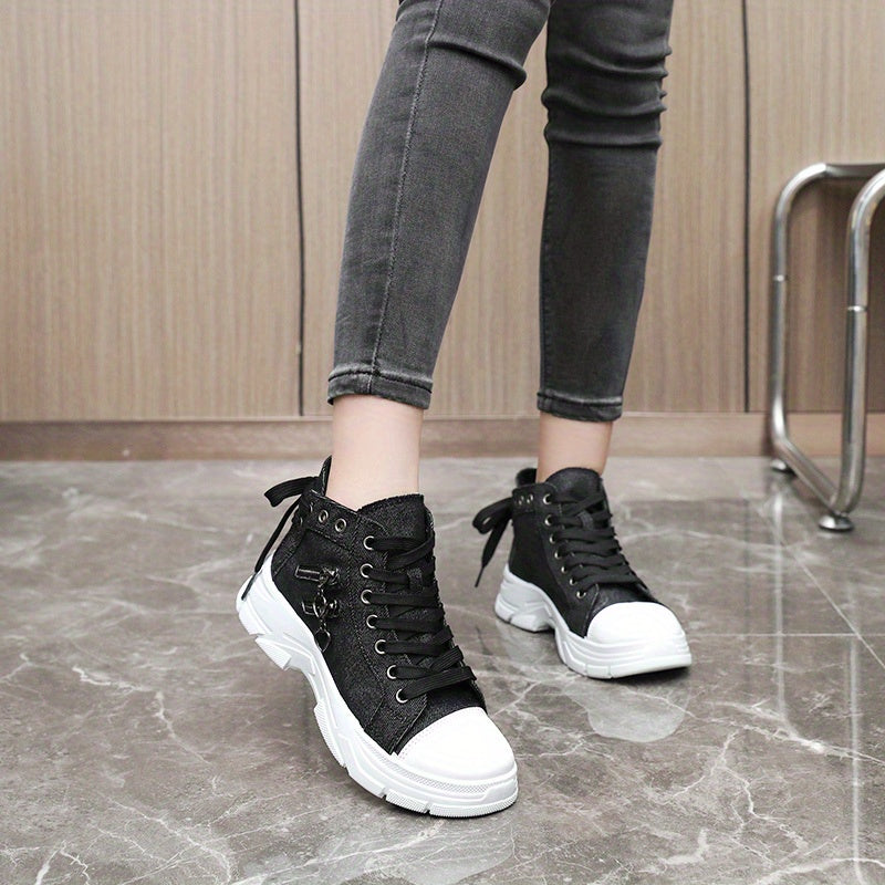 Women's canvas platform sneakers with zip detail, lace-up high top design, and casual all-match style, available in plus sizes.