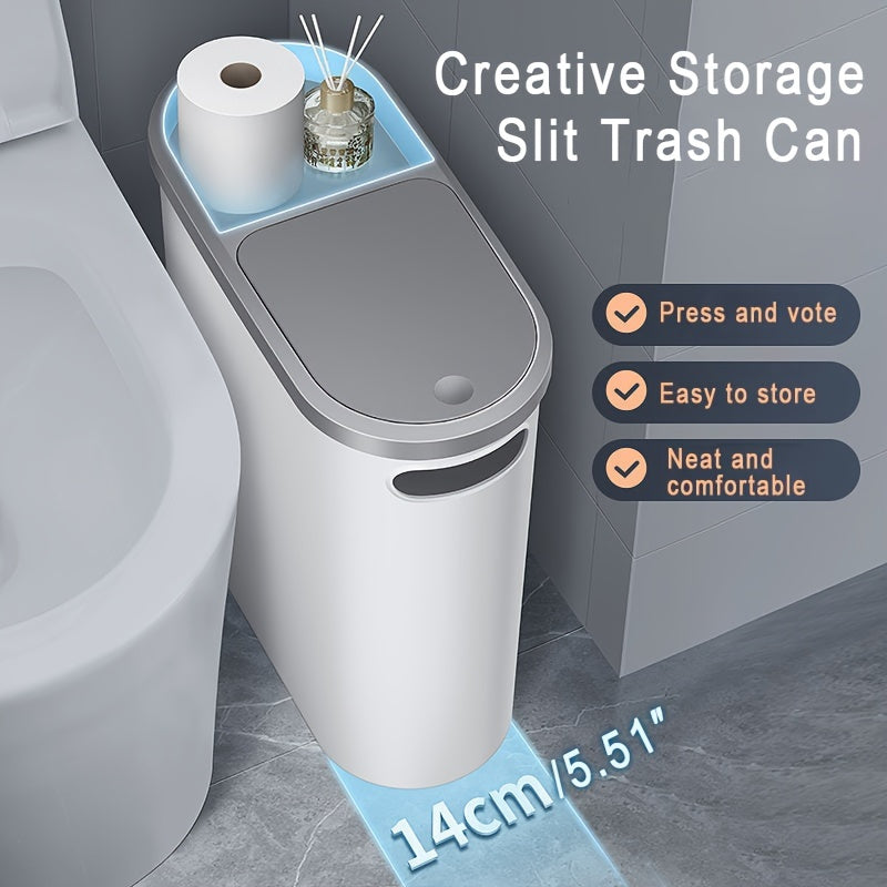 1-piece household bathroom trash can with lid and slit design for easy disposal of waste. Large capacity and essential for any home.