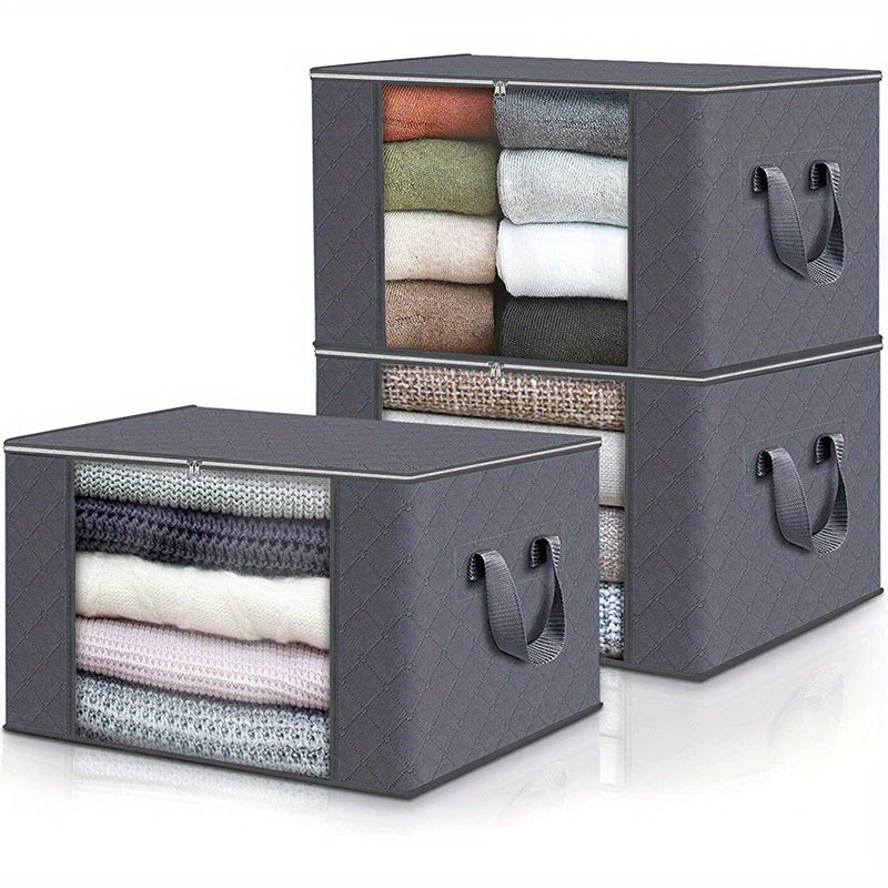 Large capacity fabric storage bins, ideal for bedding and clothes. Perfect for home, bedroom, dorm, or spa wardrobes. Grey woven material, no electricity required. Pack of 3.