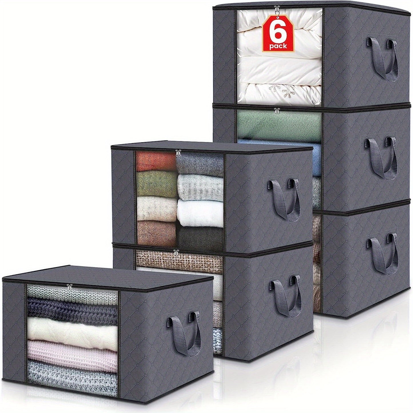 Large capacity fabric storage bins, ideal for bedding and clothes. Perfect for home, bedroom, dorm, or spa wardrobes. Grey woven material, no electricity required. Pack of 3.