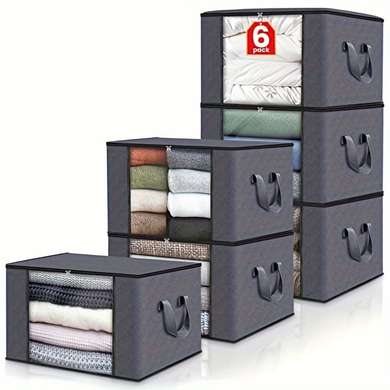 Large capacity fabric storage bins, ideal for bedding and clothes. Perfect for home, bedroom, dorm, or spa wardrobes. Grey woven material, no electricity required. Pack of 3.