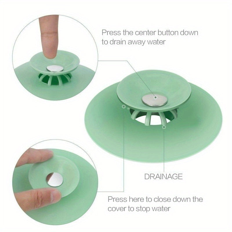 Silicone drain stopper and strainer with non-slip grip cover for kitchen and bathroom floors. Helps catch hair in shower, bathtub, and sink. Also acts as a hot bath tub protector and