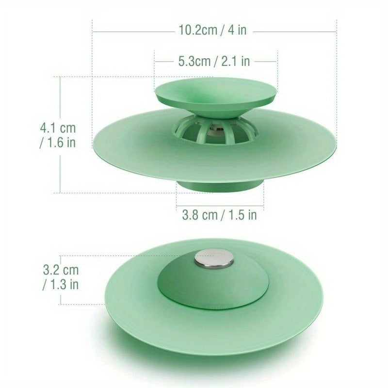 Silicone drain stopper and strainer with non-slip grip cover for kitchen and bathroom floors. Helps catch hair in shower, bathtub, and sink. Also acts as a hot bath tub protector and