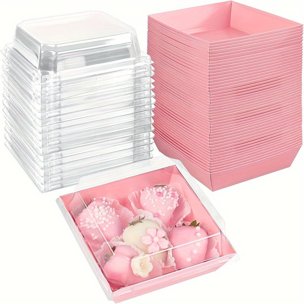 Set of 20 Paper Charcuterie Boxes with Clear Secure Lids - Perfect Square Dessert Containers in Pink for Strawberries, Cookies, Cake Slices, Brownies, and Cinnamon Rolls. Ideal for Kitchen Organization and Storage of Baking Supplies and Accessories.