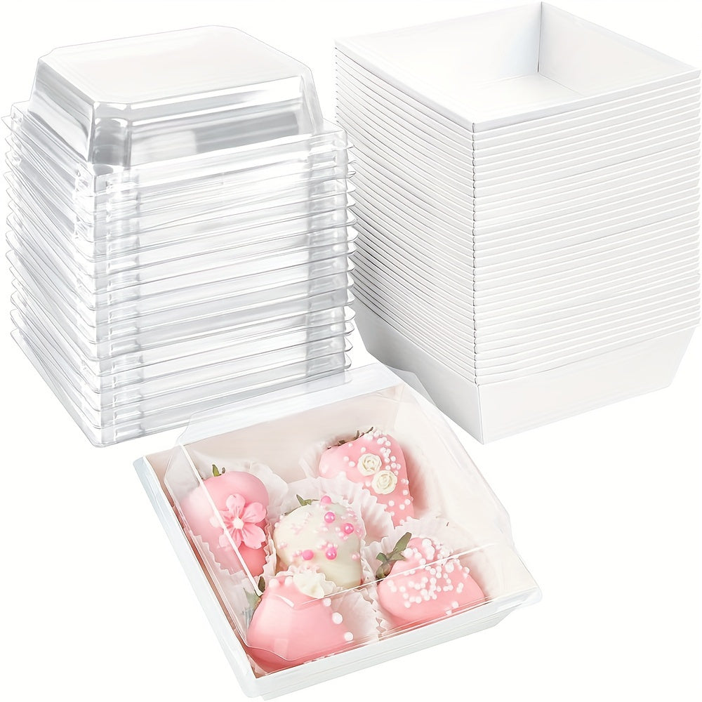 Set of 20 Paper Charcuterie Boxes with Clear Secure Lids - Perfect Square Dessert Containers in Pink for Strawberries, Cookies, Cake Slices, Brownies, and Cinnamon Rolls. Ideal for Kitchen Organization and Storage of Baking Supplies and Accessories.