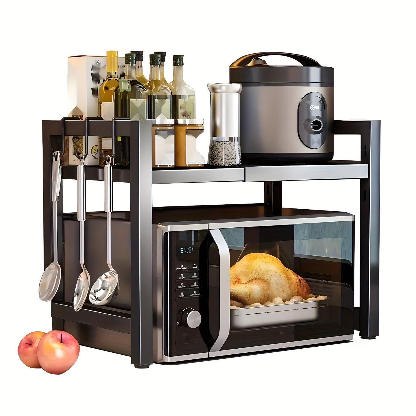 Durable carbon steel kitchen storage rack with adjustable shelves, designed for organizing kitchen essentials such as spices, microwaves, and other accessories. This versatile rack can be used on countertops or inside cabinets without requiring