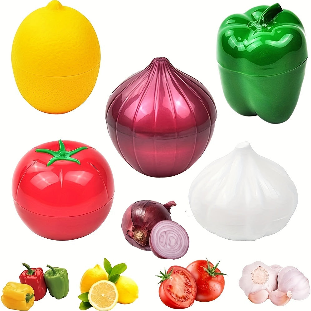 Set of 5 Storage Boxes: Transparent containers shaped like fruit and vegetables for keeping items fresh in the refrigerator or freezer. Specifically designed for storing lemon, avocado, tomato, onion, and garlic. Perfect for organizing and storing items