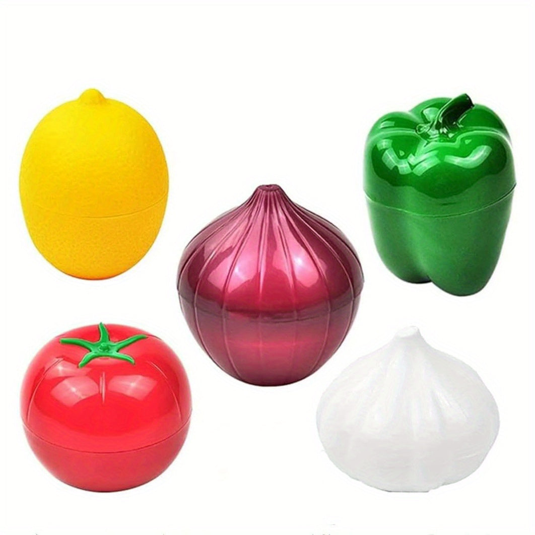 Set of 5 Storage Boxes: Transparent containers shaped like fruit and vegetables for keeping items fresh in the refrigerator or freezer. Specifically designed for storing lemon, avocado, tomato, onion, and garlic. Perfect for organizing and storing items