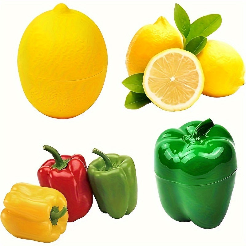 Set of 5 Storage Boxes: Transparent containers shaped like fruit and vegetables for keeping items fresh in the refrigerator or freezer. Specifically designed for storing lemon, avocado, tomato, onion, and garlic. Perfect for organizing and storing items