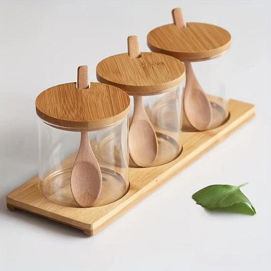 Set of 3 seasoning pots for your kitchen, including spice, monosodium glutamate, salt, and pepper jars with tray. These creative containers come with lids for easy seasoning storage, and a food storage box with spoons. Perfect for keeping your kitchen