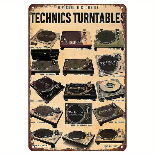 Retro Metal Tin Sign showcasing the Visual History of Technics Turntables. This Vintage Tin Sign adds a touch of humor to your wall decor, perfect for home, bar, cafe, garage, or kitchen. A fantastic gift for turntable enthusiasts and music lovers alike.